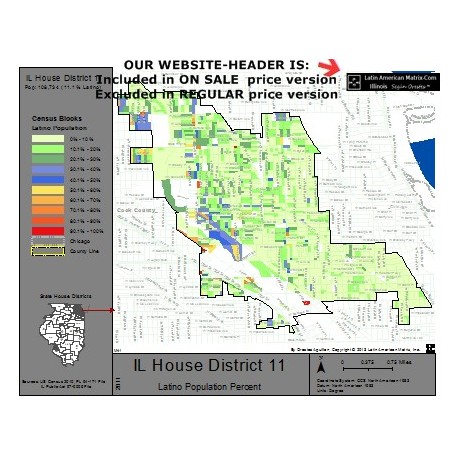 M42-IL House District 11, Latino Population Percentages, by Census Blocks, Census 2010