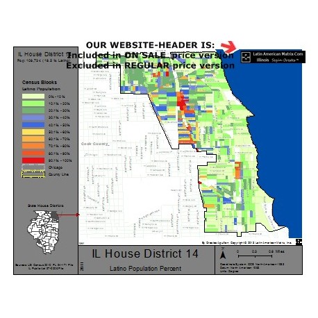 M42-IL House District 14, Latino Population Percentages, by Census Blocks, Census 2010