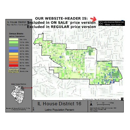 M42-IL House District 16, Latino Population Percentages, by Census Blocks, Census 2010