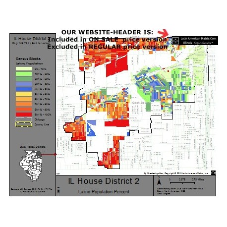 M42-IL House District 2, Latino Population Percentages, by Census Blocks, Census 2010
