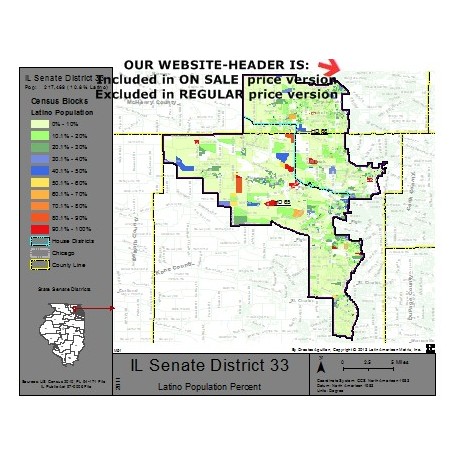 M51-IL Senate District 33, Latino Population Percentages, by Census Blocks, Census 2010