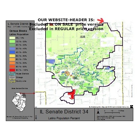 M51-IL Senate District 34, Latino Population Percentages, by Census Blocks, Census 2010