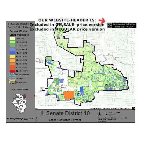 M52-IL Senate District 10, Latino Population Percentages, by Census Blocks, Census 2010