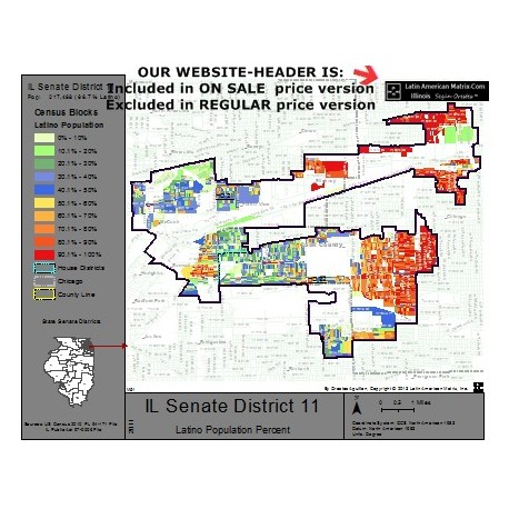 M52-IL Senate District 11, Latino Population Percentages, by Census Blocks, Census 2010