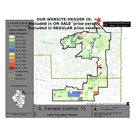 M52-IL Senate District 15, Latino Population Percentages, by Census Blocks, Census 2010