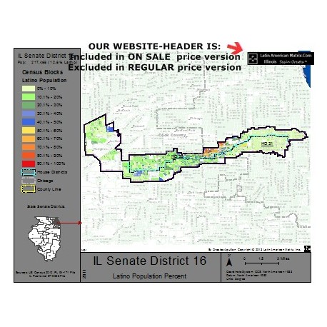 M52-IL Senate District 16, Latino Population Percentages, by Census Blocks, Census 2010