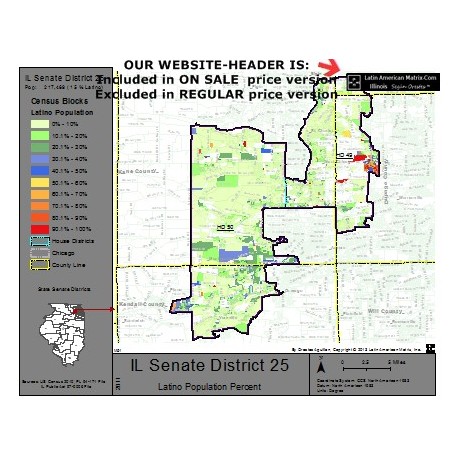 M52-IL Senate District 25, Latino Population Percentages, by Census Blocks, Census 2010