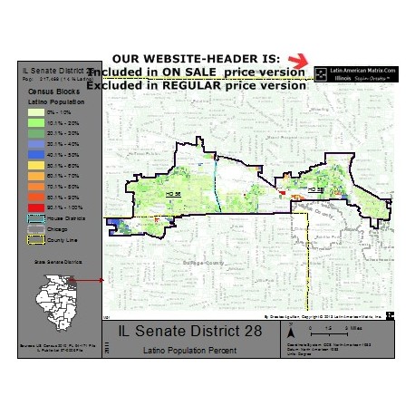 M52-IL Senate District 28, Latino Population Percentages, by Census Blocks, Census 2010