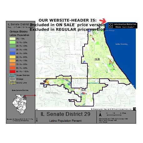 M52-IL Senate District 29, Latino Population Percentages, by Census Blocks, Census 2010