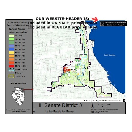 M52-IL Senate District 3, Latino Population Percentages, by Census Blocks, Census 2010