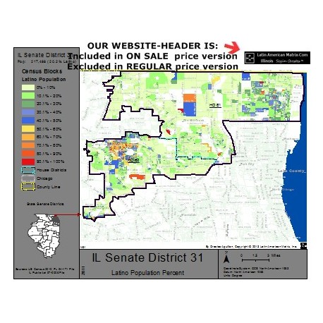 M52-IL Senate District 31, Latino Population Percentages, by Census Blocks, Census 2010