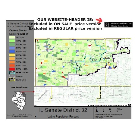 M52-IL Senate District 32, Latino Population Percentages, by Census Blocks, Census 2010