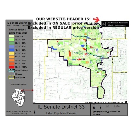 M52-IL Senate District 33, Latino Population Percentages, by Census Blocks, Census 2010