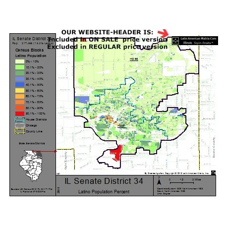 M52-IL Senate District 34, Latino Population Percentages, by Census Blocks, Census 2010