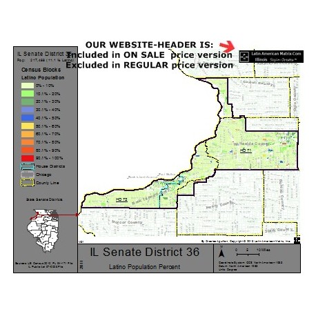 M52-IL Senate District 36, Latino Population Percentages, by Census Blocks, Census 2010