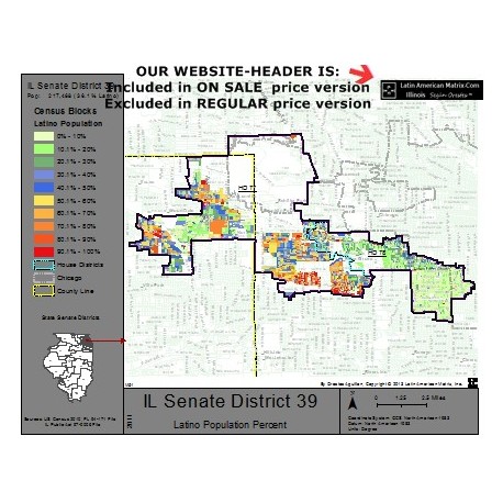 M52-IL Senate District 39, Latino Population Percentages, by Census Blocks, Census 2010