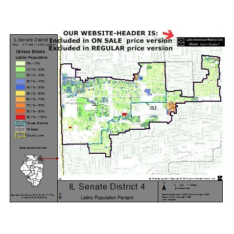 M52-IL Senate District 4, Latino Population Percentages, by Census Blocks, Census 2010