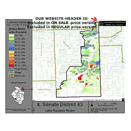 M52-IL Senate District 43, Latino Population Percentages, by Census Blocks, Census 2010