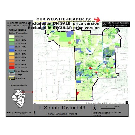 M52-IL Senate District 49, Latino Population Percentages, by Census Blocks, Census 2010