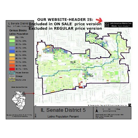 M52-IL Senate District 5, Latino Population Percentages, by Census Blocks, Census 2010