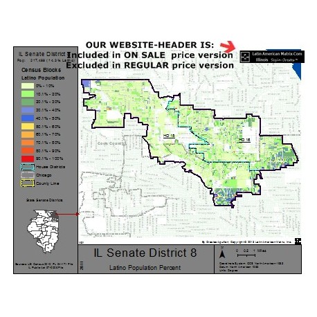 M52-IL Senate District 8, Latino Population Percentages, by Census Blocks, Census 2010